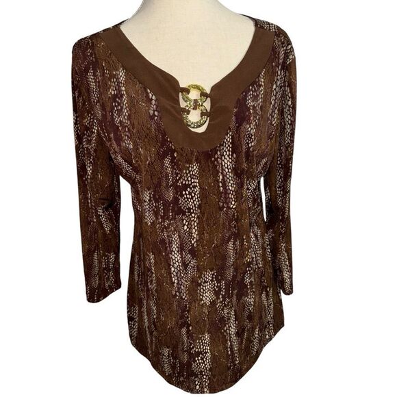 Vintage Brown Beige V Neck Animal Snake Print 3/4 quarter Sleeve Blouse size L - Picture 9 of 9